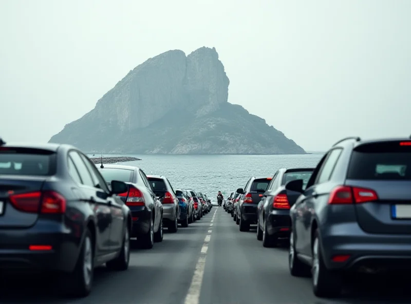 Image of a Spanish border town, focusing on the border crossing to Gibraltar, with a sense of economic uncertainty visible in the background.