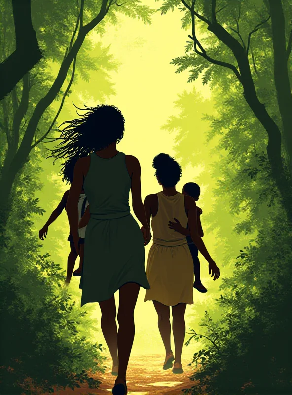 Illustration of two women running through a forest, holding children, with a sense of urgency and determination.