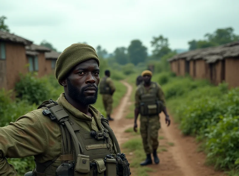 Congolese landscape with armed soldiers patrolling a village.