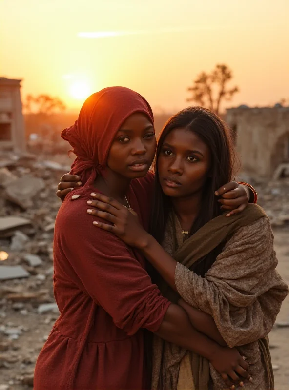 Two women, arms around each other, walking away from destroyed buildings.