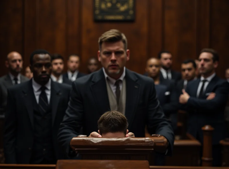 A courtroom scene with a lawyer addressing the judge and jury.