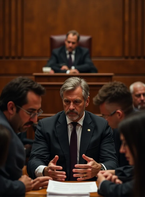 A courtroom scene with a defendant in the dock, facing a judge and lawyers.