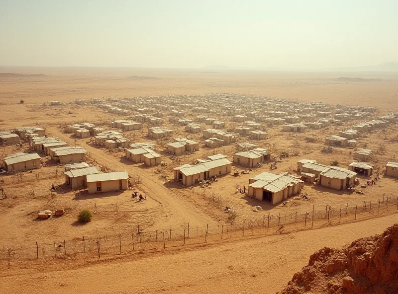 A crowded prison camp in a desert landscape, with tents and barbed wire fences.