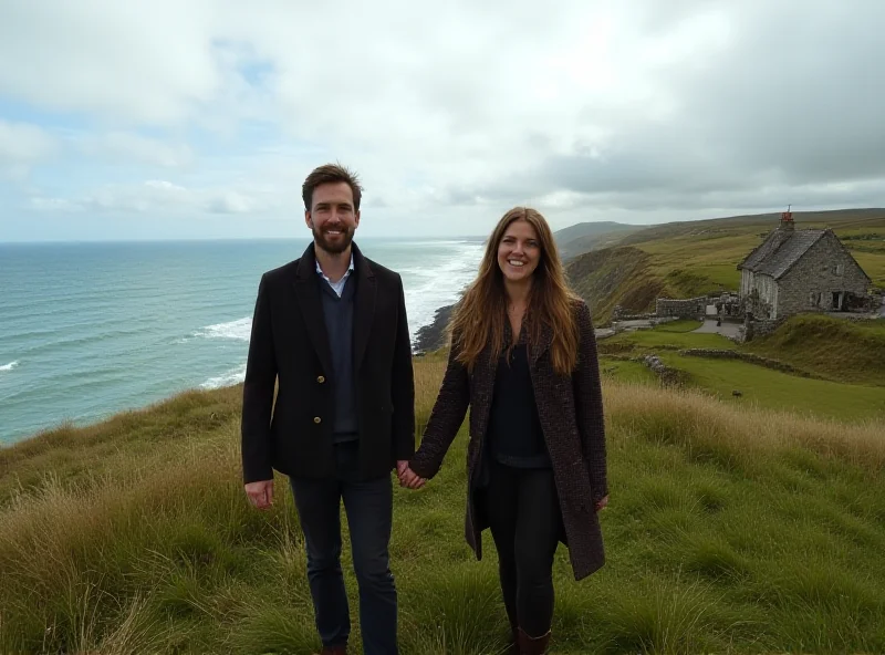 Camille Rosenfeld and James Hayes standing on a grassy hillside overlooking the ocean, with traditional Irish stone buildings in the background.