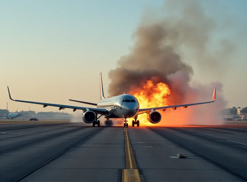 A passenger airplane on a runway with flames visible on one of its wings, smoke billowing into the air, and emergency vehicles approaching.