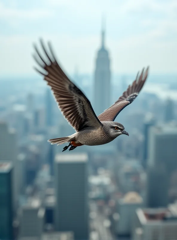 Detailed close-up of a bird in flight, wings spread, with a blurred background of a city skyline.