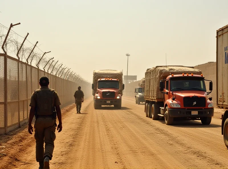 A line of aid trucks waiting at a border crossing, with barbed wire fences and armed guards visible in the background. The trucks are loaded with supplies.