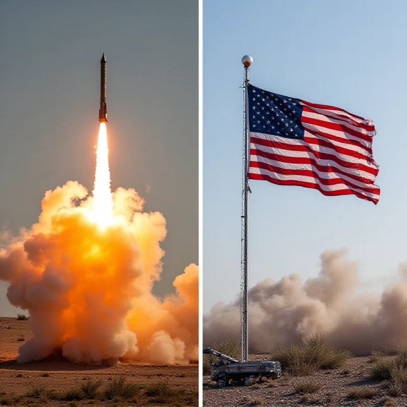 A split image showing the Iron Dome system launching an interceptor missile on one side, and a US flag waving in the background on the other side.