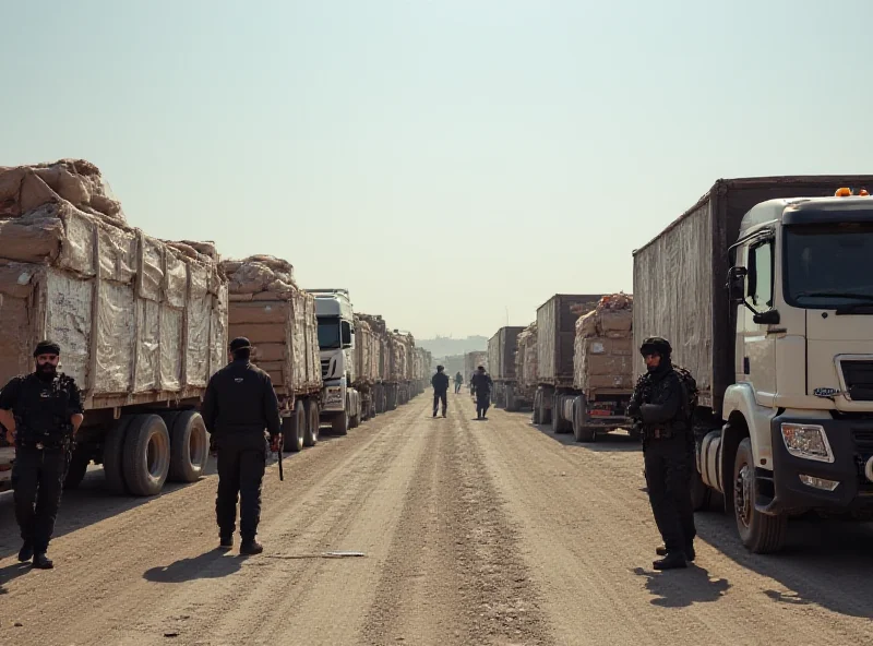 Aid trucks lined up at the border crossing between Israel and Gaza, waiting to enter.