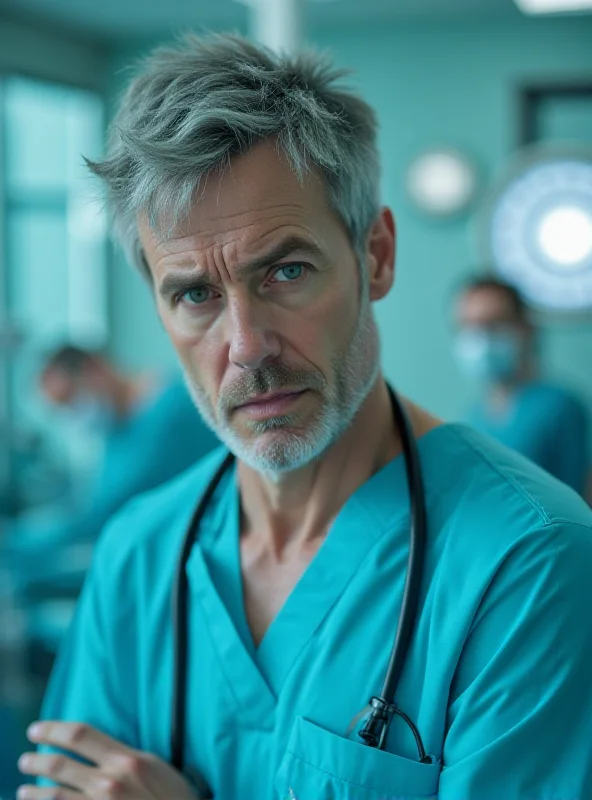 A doctor in scrubs looking distressed in a hospital setting, with a blurred background of medical equipment and personnel.