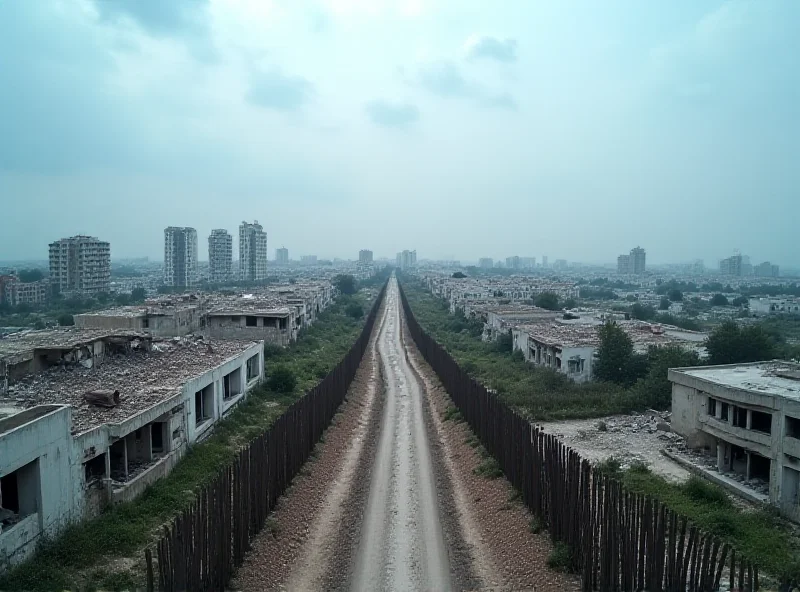 A divided landscape showing a war-torn Gaza on one side and a more developed Israeli city on the other, separated by a border fence.