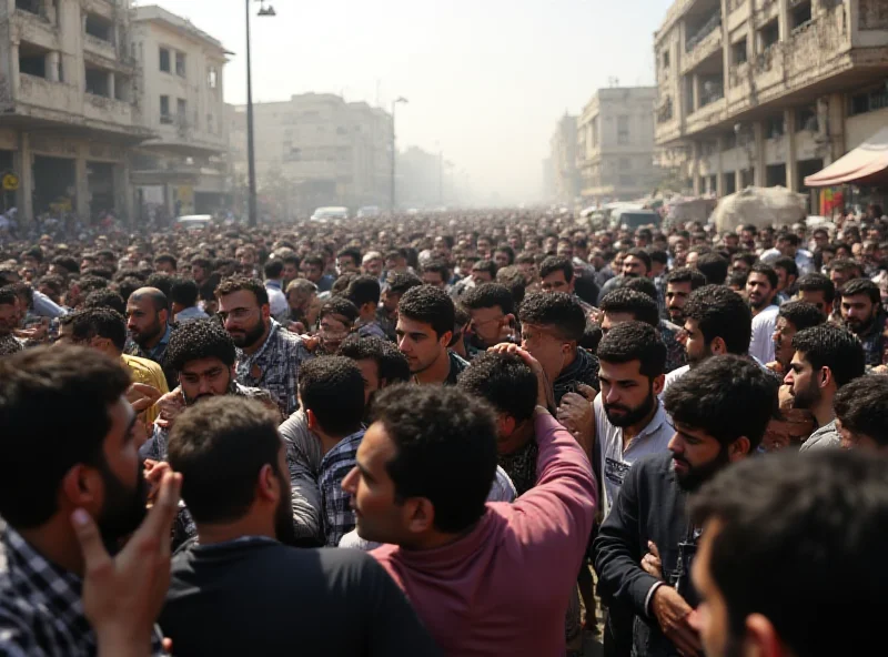 A crowded street scene in Gaza, showing people struggling to obtain food and supplies. The atmosphere is tense and uncertain.