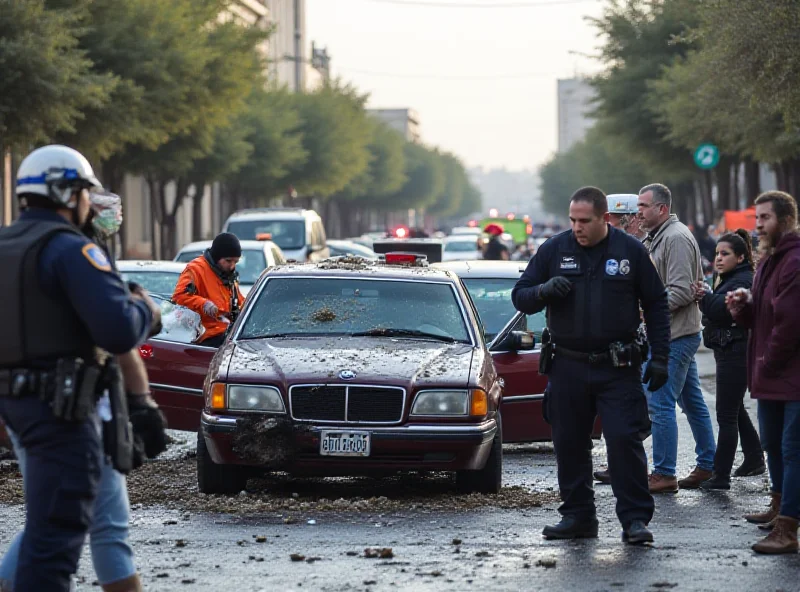 A photo showing the aftermath of a car ramming attack in a crowded street. Emergency services are on the scene, attending to the injured. The atmosphere is chaotic and fearful.