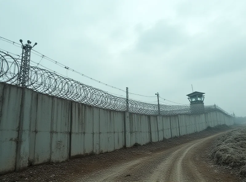 A depiction of the Israel-Gaza border, showing a high wall and barbed wire. The sky is overcast, reflecting the uncertainty and tension in the region.