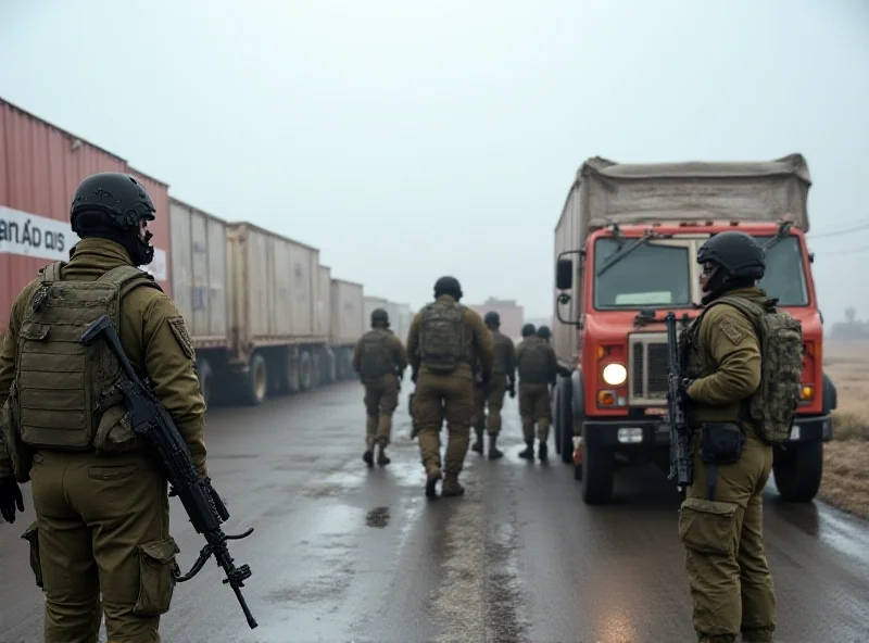 A convoy of aid trucks stopped at a border crossing, with armed soldiers visible in the background.