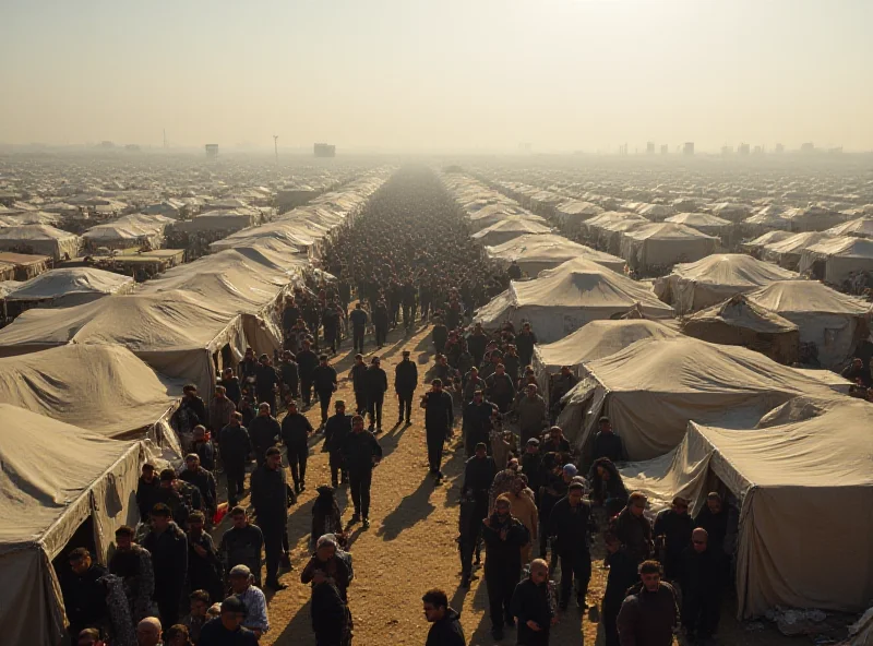 A crowded refugee camp in Gaza, with tents and makeshift shelters stretching into the distance. People are queuing for food and water.