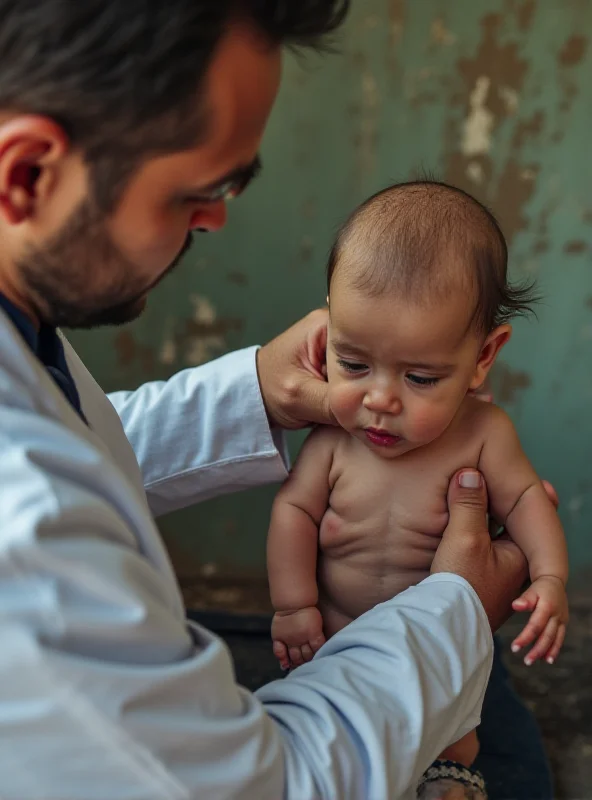 A doctor examining a malnourished child in a makeshift clinic in Gaza. The child is weak and frail, highlighting the health risks of the blockade.