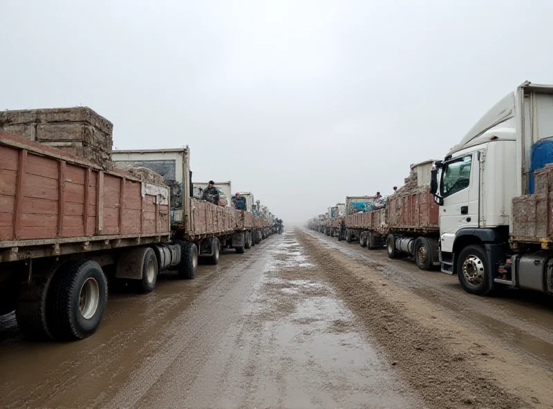 Image of aid trucks waiting at a border crossing