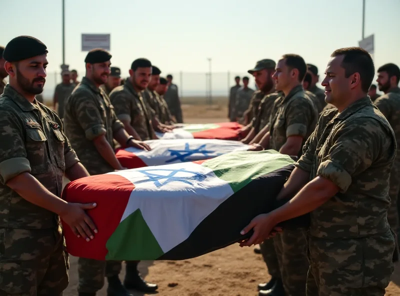 Scene depicting a somber exchange of coffins draped in national flags, with armed guards standing at attention.