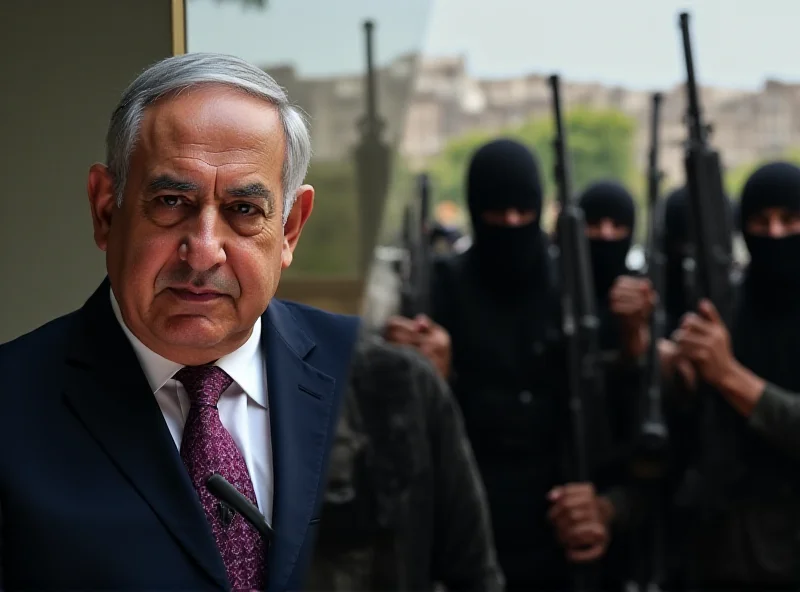 Split screen image showing a portrait of Benjamin Netanyahu on one side, looking pensive, and a group of masked Hamas fighters on the other side, holding rifles, with a blurred background of Gaza city.