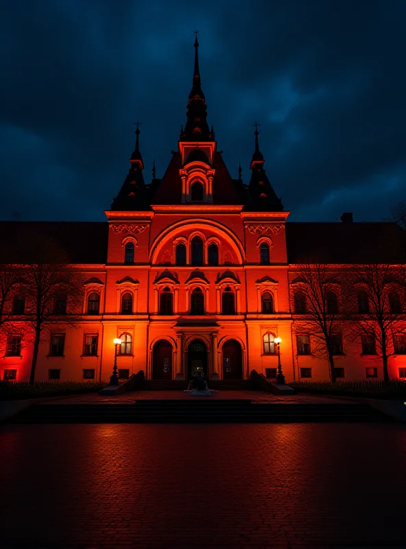 Orange lights illuminating a Polish building as a memorial to the Bibas family.