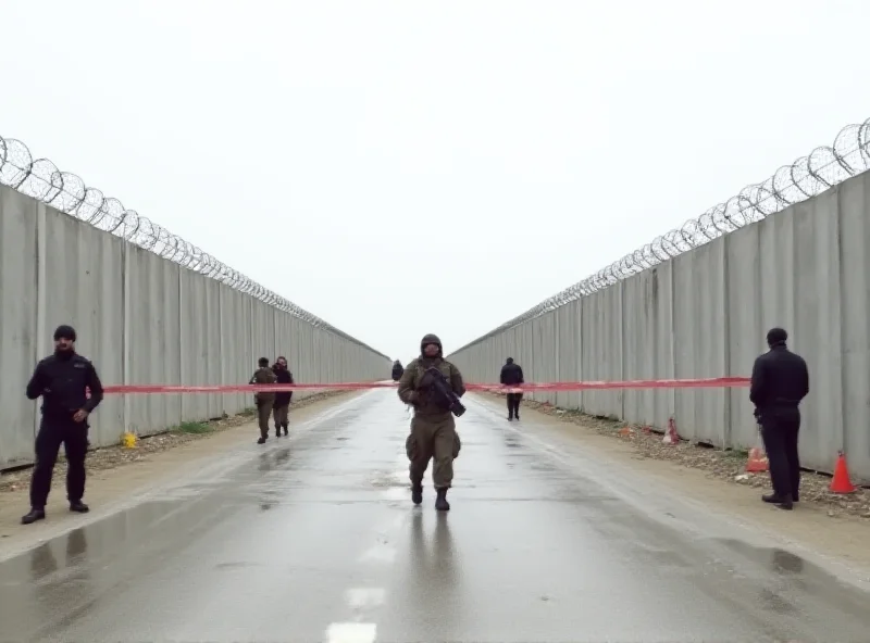 A closed border crossing between Israel and Gaza, with concrete barriers and armed guards.