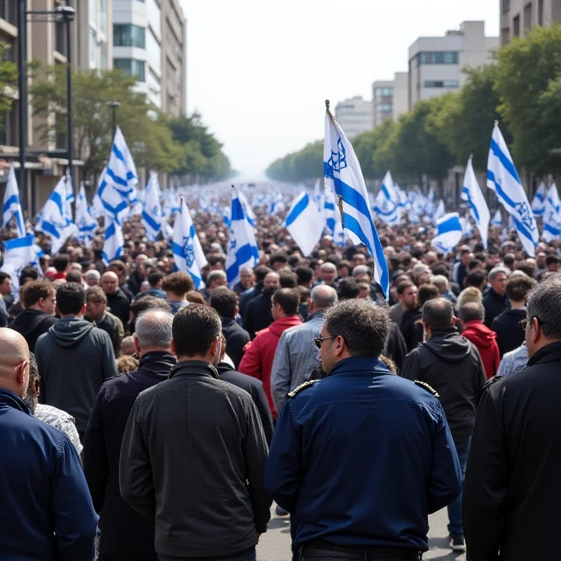 Thousands of people lining a street, holding Israeli flags and mourning.