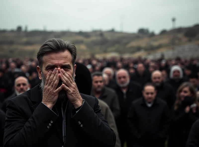 Mourners gather at a funeral in Israel, with a focus on the grief-stricken faces of family and friends. The background shows a cemetery with many people present, creating a scene of collective mourning and remembrance.