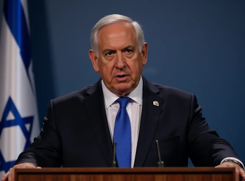 Israeli Prime Minister Benjamin Netanyahu at a press conference, looking serious and determined.