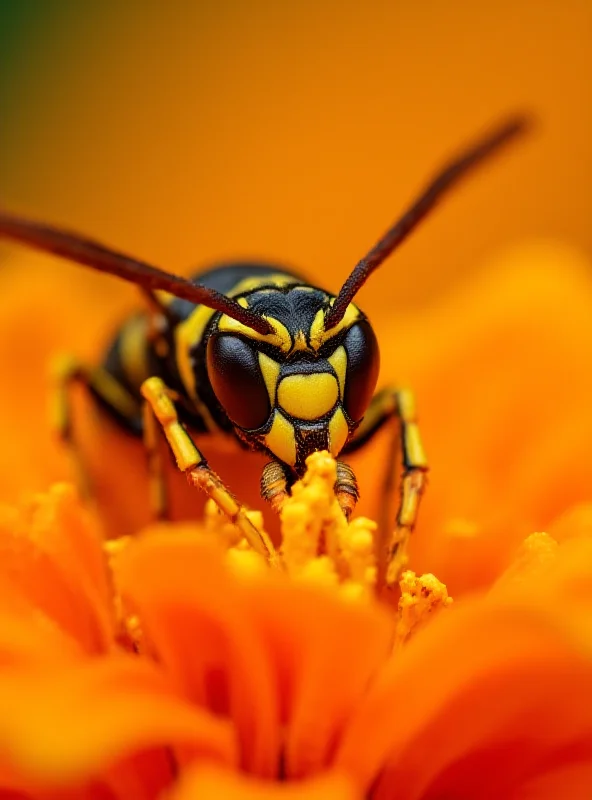 Close-up of an Oriental hornet consuming a liquid.