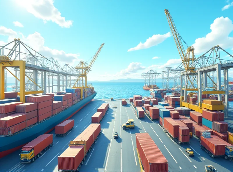 A bustling port scene with cargo ships and containers, symbolizing trade and innovation.