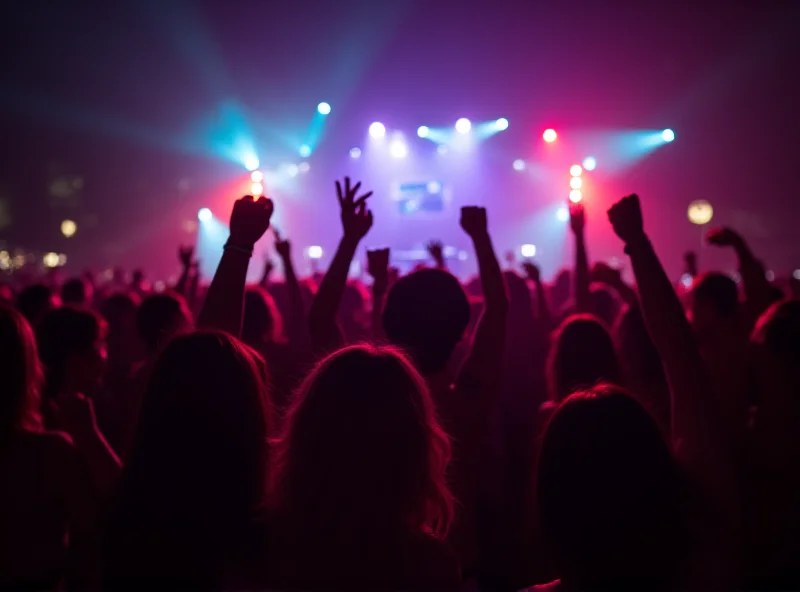 Crowd of young people dancing at an outdoor music festival at night, with colorful lights and a DJ on stage.