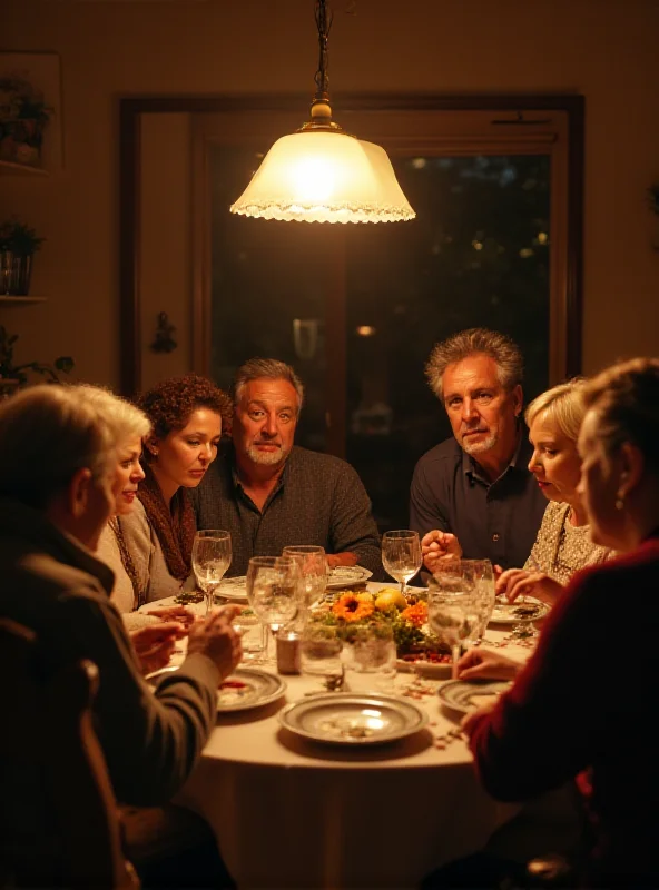 Still from the TV series Mozaika, showing a diverse family gathered around a dining table, engaged in conversation. The scene is warmly lit and suggests a close-knit relationship.