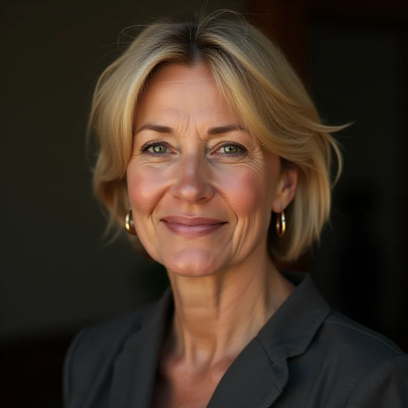 Close-up shot of Alice Nellis, smiling gently, with soft lighting. She has short blonde hair and is wearing a simple, elegant outfit.