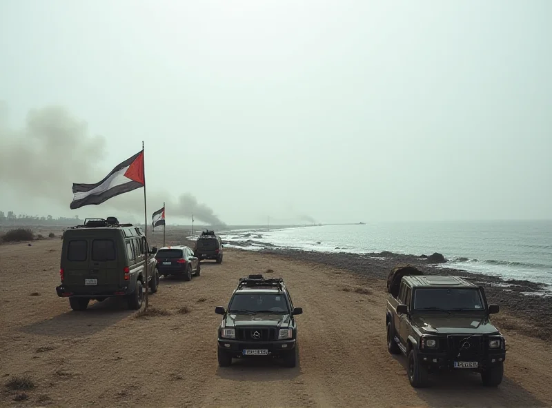 Image of the Gaza Strip with Israeli flags and military vehicles in the background, conveying the sense of tension and conflict