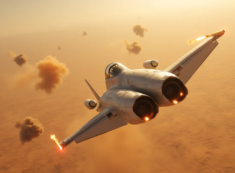Israeli fighter jet flying over a desert landscape, with explosions visible in the distance, conveying the military intervention in Syria.