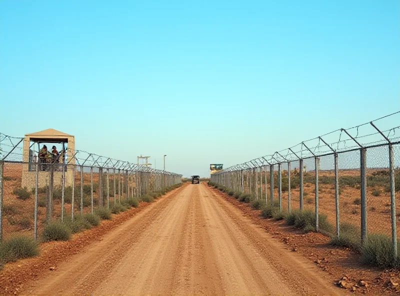 Image of the border between Lebanon and Israel, showing barbed wire fences, military watchtowers, and UN peacekeeping vehicles.