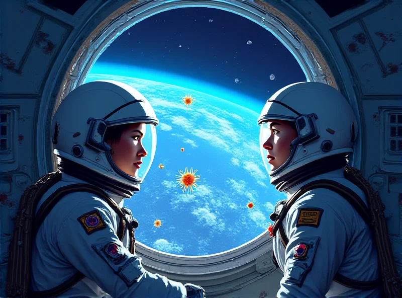 Illustration of astronauts inside the International Space Station looking out the window at Earth with visible microbes floating around them.