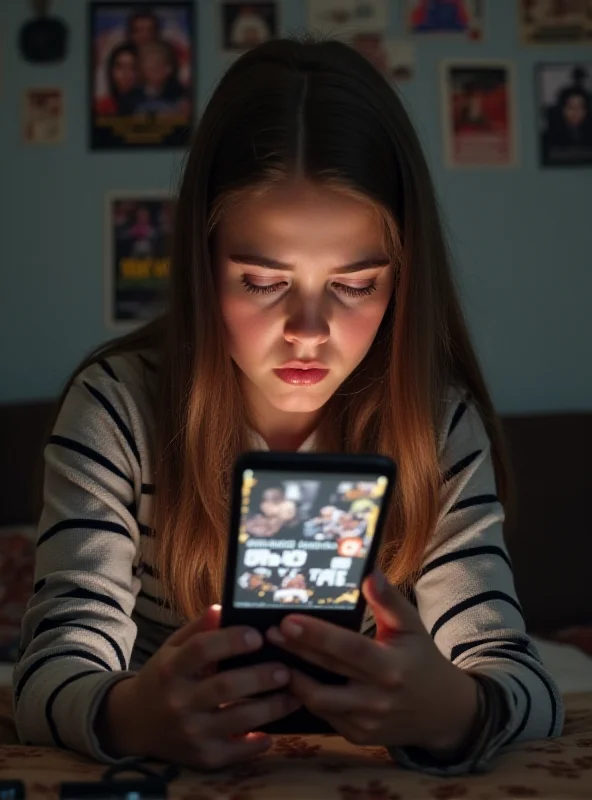 A concerned teenage girl looking at a news report on her phone about her astronaut father being stranded in space.