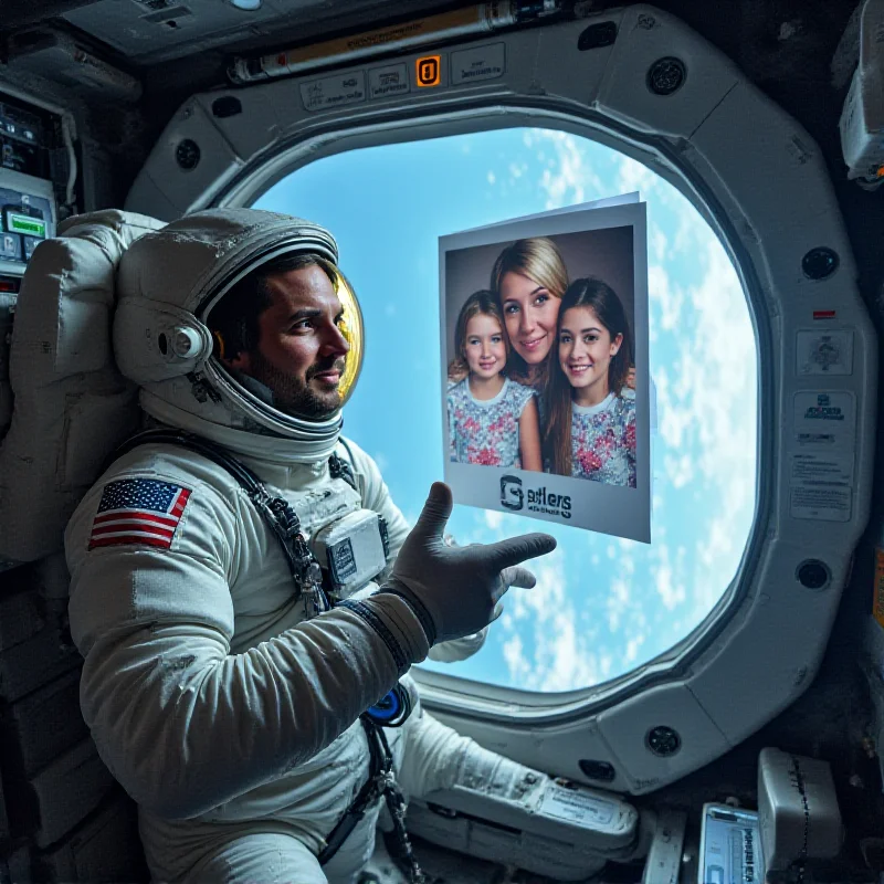 Astronaut floating inside the International Space Station looking at a picture of his family back on Earth.