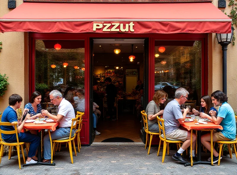 Exterior of PizzAut restaurant with tables and chairs outside.