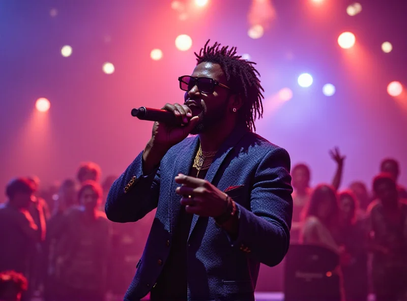 Tony Effe performing on stage with a microphone, wearing trendy clothing and sunglasses, with a vibrant stage lighting in the background.