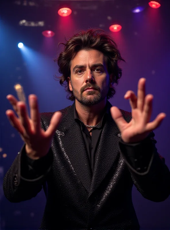 Giucas Casella in a dramatic pose, wearing a sparkly outfit and gesturing with his hands, as if performing a magic trick. The background is a blurred stage with colorful lights.