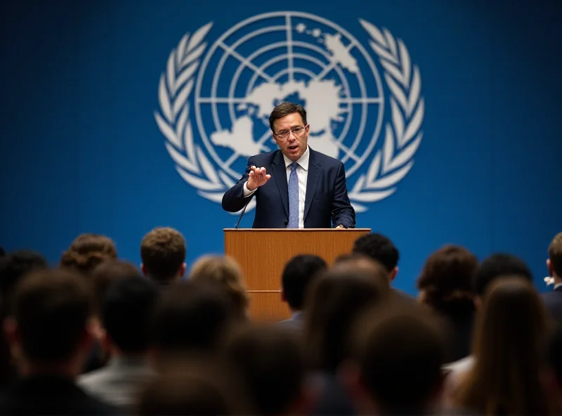 Tananai standing at a podium addressing a large audience at the United Nations. He is wearing a smart casual outfit and speaking with enthusiasm. The UN logo is visible in the background.