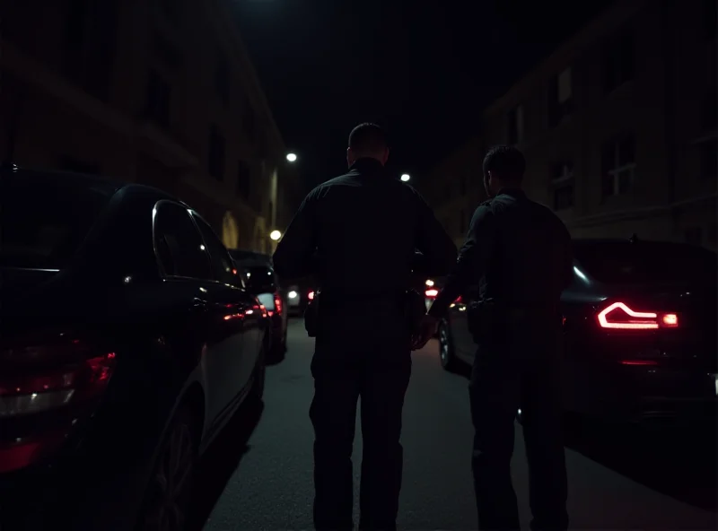 Police arresting a suspect in Verona, Italy, at night. The suspect is being handcuffed near two cars.