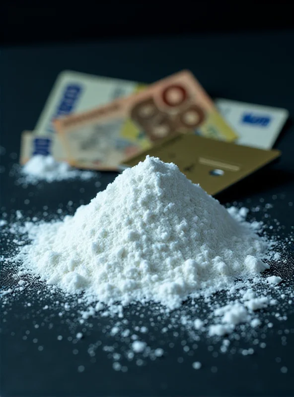 A close-up photo of cocaine powder with a rolled-up banknote and a credit card.