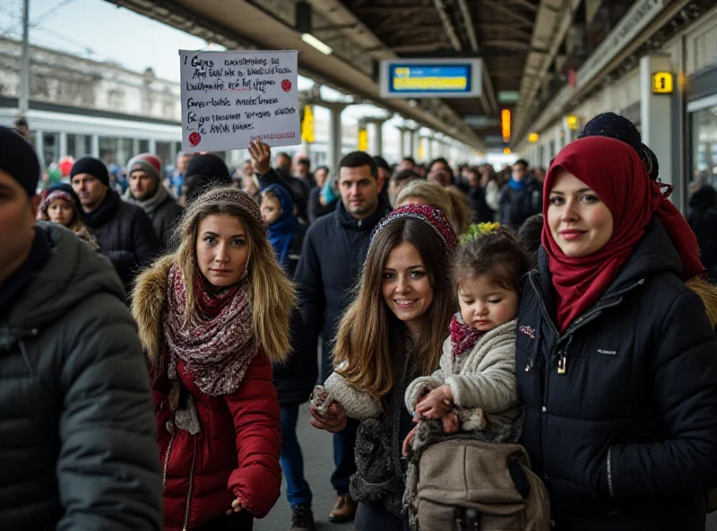 Group of Ukrainian refugees arriving at a train station in Italy, greeted by volunteers holding signs in Italian and Ukrainian.