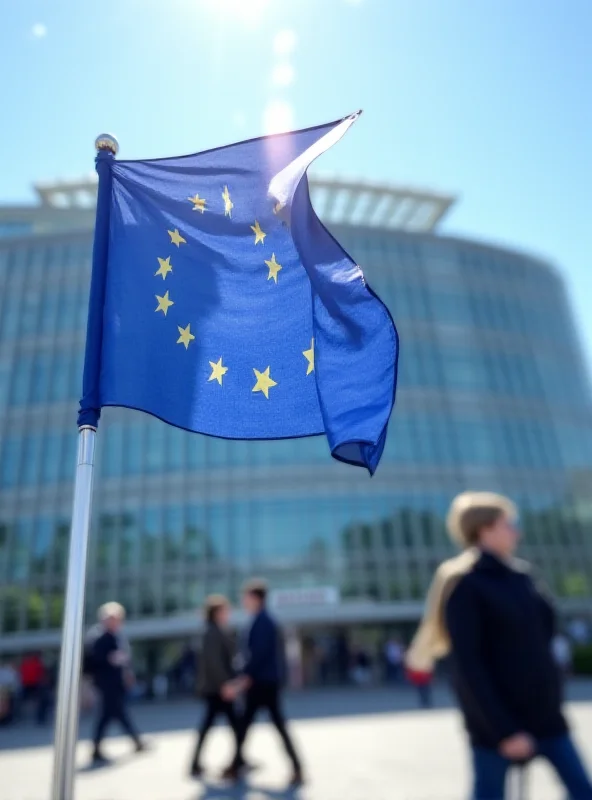 European Union flag waving in front of the European Parliament building in Brussels, with a blurred background of people walking by.