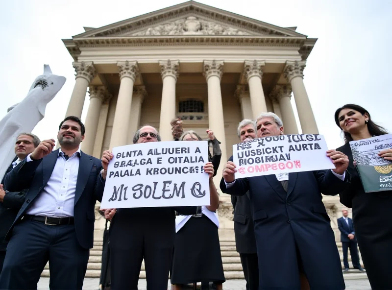 Judges protesting with signs in front of a courthouse.