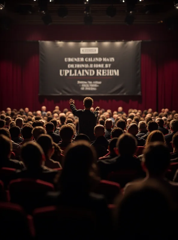 A crowded cinema hall with people listening to a speaker at a debate about judicial reform.